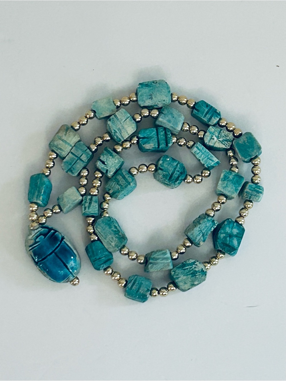 Vintage Turquoise and Goldtone Beaded Egyptian Scarab Necklace‎ - Women Jewelry